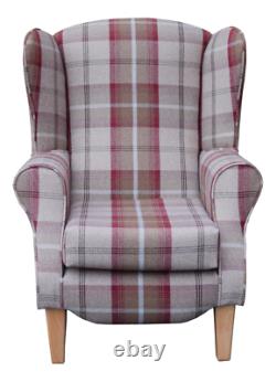 WingBack Fireside Chair Rosso Red Tartan Fabric Easy Armchair Tapered Wood Legs
