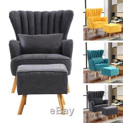 Wing Back Arm Chair & Footstool Cushion Velvet Fabric Lounge Fireside Furniture