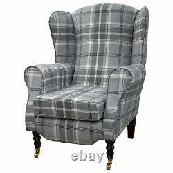 Wing Back Armchair Fireside Chair Balmoral Dove Grey Tartan Check Stripe Fabric