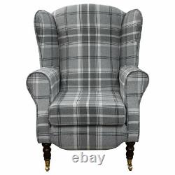 Wing Back Armchair Fireside Chair Balmoral Dove Grey Tartan Check Stripe Fabric