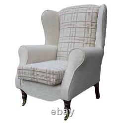 Wing Back Armchair Fireside Chair Maida Vale Light Beige & Red Check Fabric