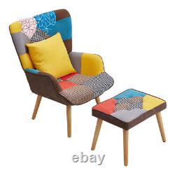 Wing Back Armchair &Footstool Upholstered Patchwork Accent Lounge Fireside Chair