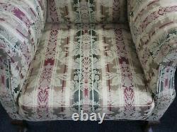 Wing Back Armchair, Green, Red Floral Pattern Fireside Chair, Queen Anne Legs