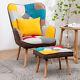 Wing Back Armchair With Footstool Patchwork Fabric Upholstered Fireside Chair