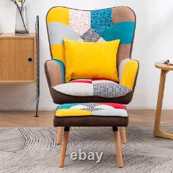 Wing Back Armchair With Footstool Patchwork Fabric Upholstered Fireside Chair