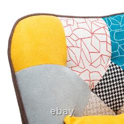Wing Back Armchair With Footstool Patchwork Fabric Upholstered Fireside Chair