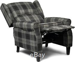 Wing Back Checked Fabric Armchair Lounge Sofa Fireside Cinema Chair Grey