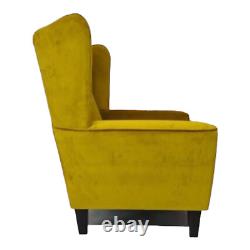 Wing Back Cottage Fireside Chair Luxury Gold Velvet Fabric Dark Wood Legs