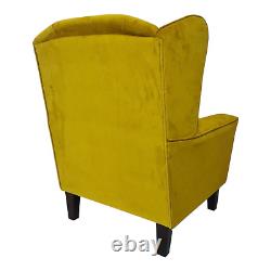 Wing Back Cottage Fireside Chair Luxury Gold Velvet Fabric Dark Wood Legs