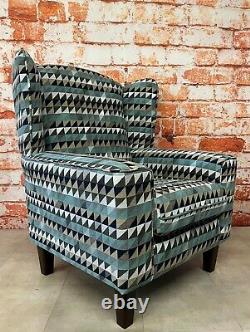 Wing Back Cottage Fireside Chair Teal & Grey Aztec Design Fabric Dark Wood Legs