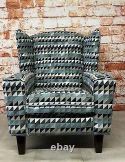 Wing Back Cottage Fireside Chair Teal & Grey Aztec Design Fabric Dark Wood Legs