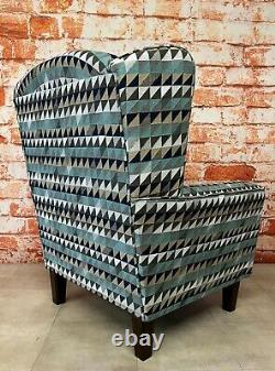 Wing Back Cottage Fireside Chair Teal & Grey Aztec Design Fabric Dark Wood Legs