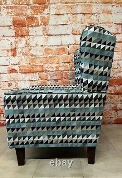 Wing Back Cottage Fireside Chair Teal & Grey Aztec Design Fabric Dark Wood Legs