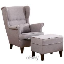 Wing Back Fabric Upholstered Chair Fireside Armchair and Footstool Set Lounge UK