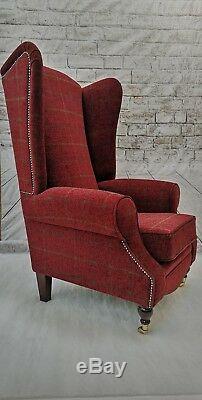 Wing Back Fireside Arm Chair Extra Tall High Back in Red Claret Lana Check