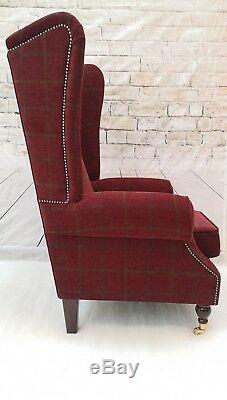 Wing Back Fireside Arm Chair Extra Tall High Back in Red Claret Lana Check