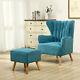 Wing Back Fireside Armchair Sofa Velvet Upholstered Oyster Chair With Footstool