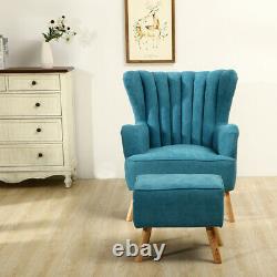 Wing Back Fireside Armchair Sofa Velvet Upholstered Oyster Chair with Footstool
