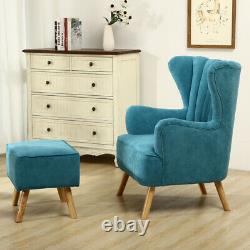 Wing Back Fireside Armchair Sofa Velvet Upholstered Oyster Chair with Footstool