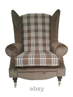 Wing Back Fireside Chair Extra Tall High + Wider Seat Chestnut Tartan Plain Mix