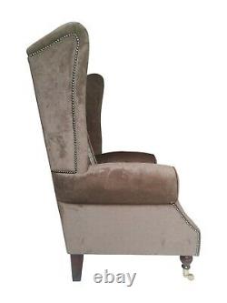 Wing Back Fireside Chair Extra Tall High + Wider Seat Chestnut Tartan Plain Mix