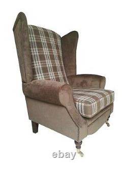 Wing Back Fireside Chair Extra Tall High + Wider Seat Chestnut Tartan Plain Mix