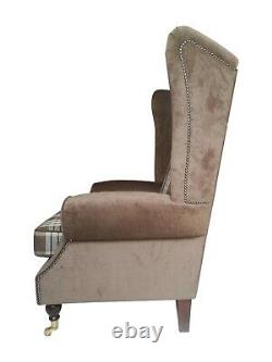 Wing Back Fireside Chair Extra Tall High + Wider Seat Chestnut Tartan Plain Mix