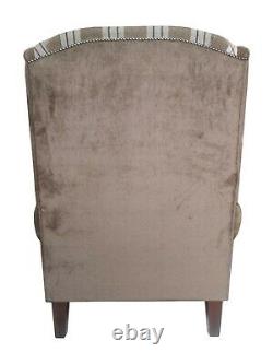 Wing Back Fireside Chair Extra Tall High + Wider Seat Chestnut Tartan Plain Mix