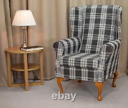 Wing Back Fireside Chair Kintyre Charcoal Tartan Fabric Armchair Queen Anne Legs