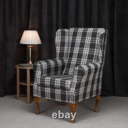 Wing Back Fireside Chair Kintyre Charcoal Tartan Fabric Armchair Queen Anne UK