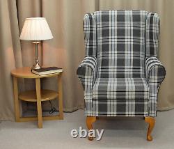 Wing Back Fireside Chair Kintyre Charcoal Tartan Fabric Armchair Queen Anne UK
