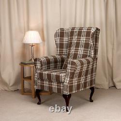 Wing Back Fireside Chair Kintyre Chestnut Tartan Fabric Armchair Queen Anne UK