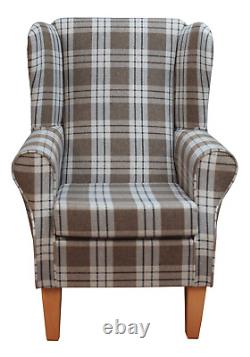 Wing Back Fireside Chair Kintyre Chestnut Tartan Fabric Armchair UK