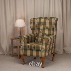 Wing Back Fireside Chair Kintyre Pampas Tartan Fabric Armchair Queen Anne UK