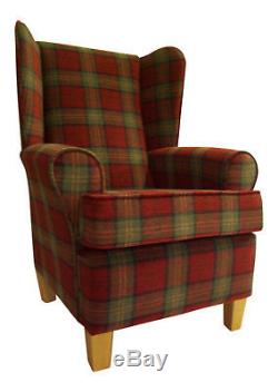 Wing Back Fireside Chair Lana Turquoise/Red Fabric with Wooden Legs