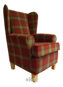 Wing Back Fireside Chair Lana Turquoise/Red Fabric with Wooden Legs