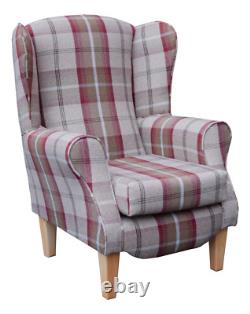 Wing Back Fireside Chair Rosso Red Tartan Fabric Easy Armchair Queen Anne