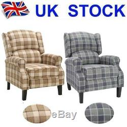 Wing Back Fireside Check Fabric Recliner Armchair Sofa Lounge Plaid Chair
