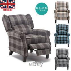 Wing Back Fireside Check Fabric Recliner Armchair Sofa Lounge Seat Arm Chair UK