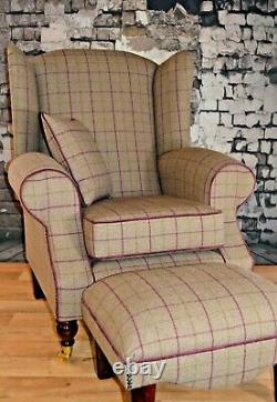 Wing Back Fireside Cottage Armchair Bamburgh Brown Check Footstool Cushion