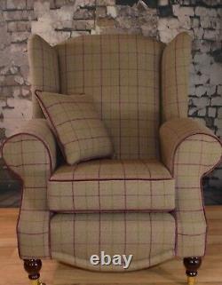 Wing Back Fireside Cottage Armchair Bamburgh Brown Check Footstool Cushion