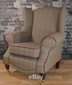 Wing Back Fireside Cottage Armchair Bamburgh Brown Check Footstool + Cushion