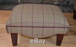 Wing Back Fireside Cottage Armchair Bamburgh Brown Check Footstool + Cushion