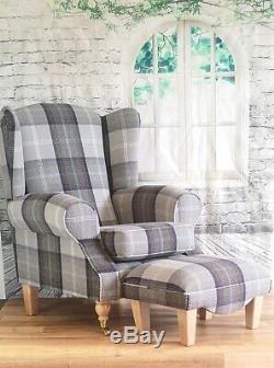 Wing Back Fireside Cottage Armchair Oxford Blue Tartan (optional) Footstool