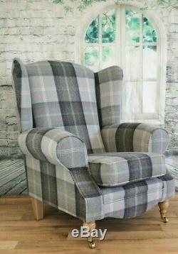 Wing Back Fireside Cottage Armchair Oxford Blue Tartan (optional) Footstool