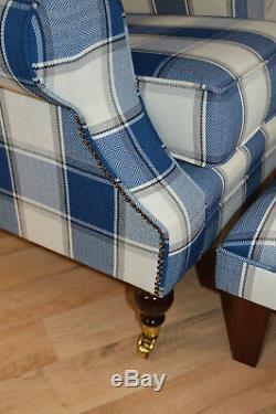 Wing Back Fireside Queen Anne Armchair Blue Denim Tartan + Footstool + Cushion