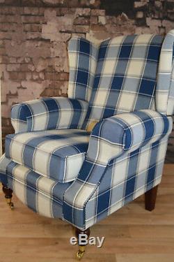 Wing Back Fireside Queen Anne Armchair Blue Denim Tartan + Footstool + Cushion