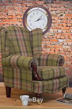 Wing Back Fireside Queen Anne Chair Balmoral Hunter Green Tartan VIP Range