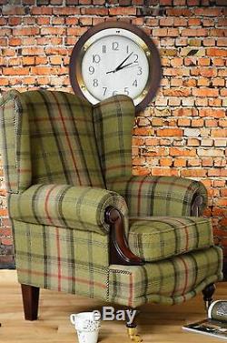 Wing Back Fireside Queen Anne Chair Balmoral Hunter Green Tartan VIP Range