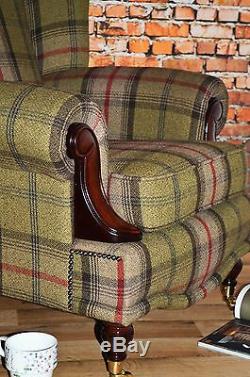 Wing Back Fireside Queen Anne Chair Balmoral Hunter Green Tartan VIP Range